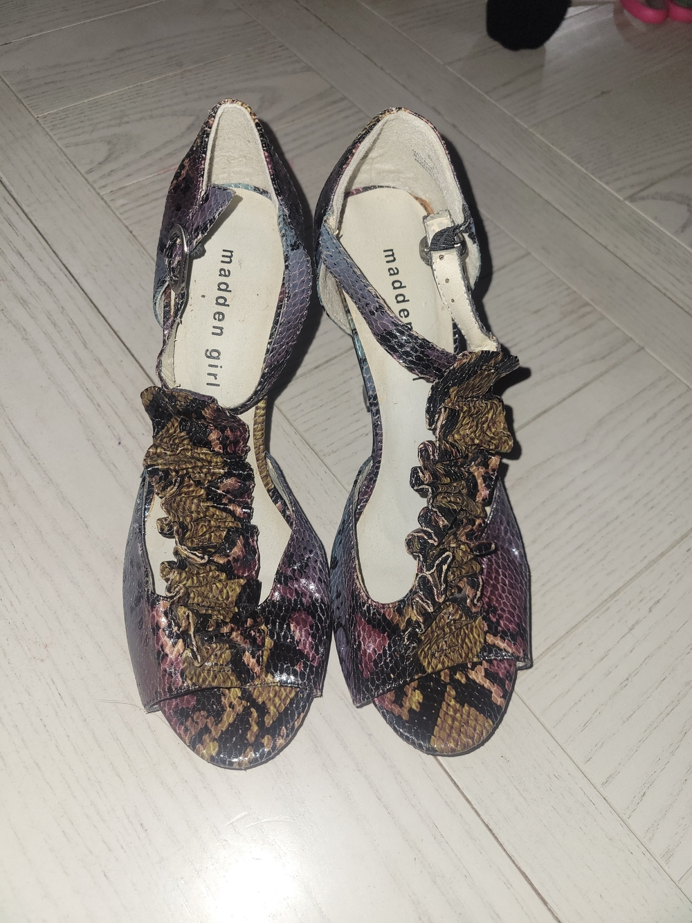 Madden Girl Purple and Brown Snakeskin Ruffle Peep-Toe Heels
